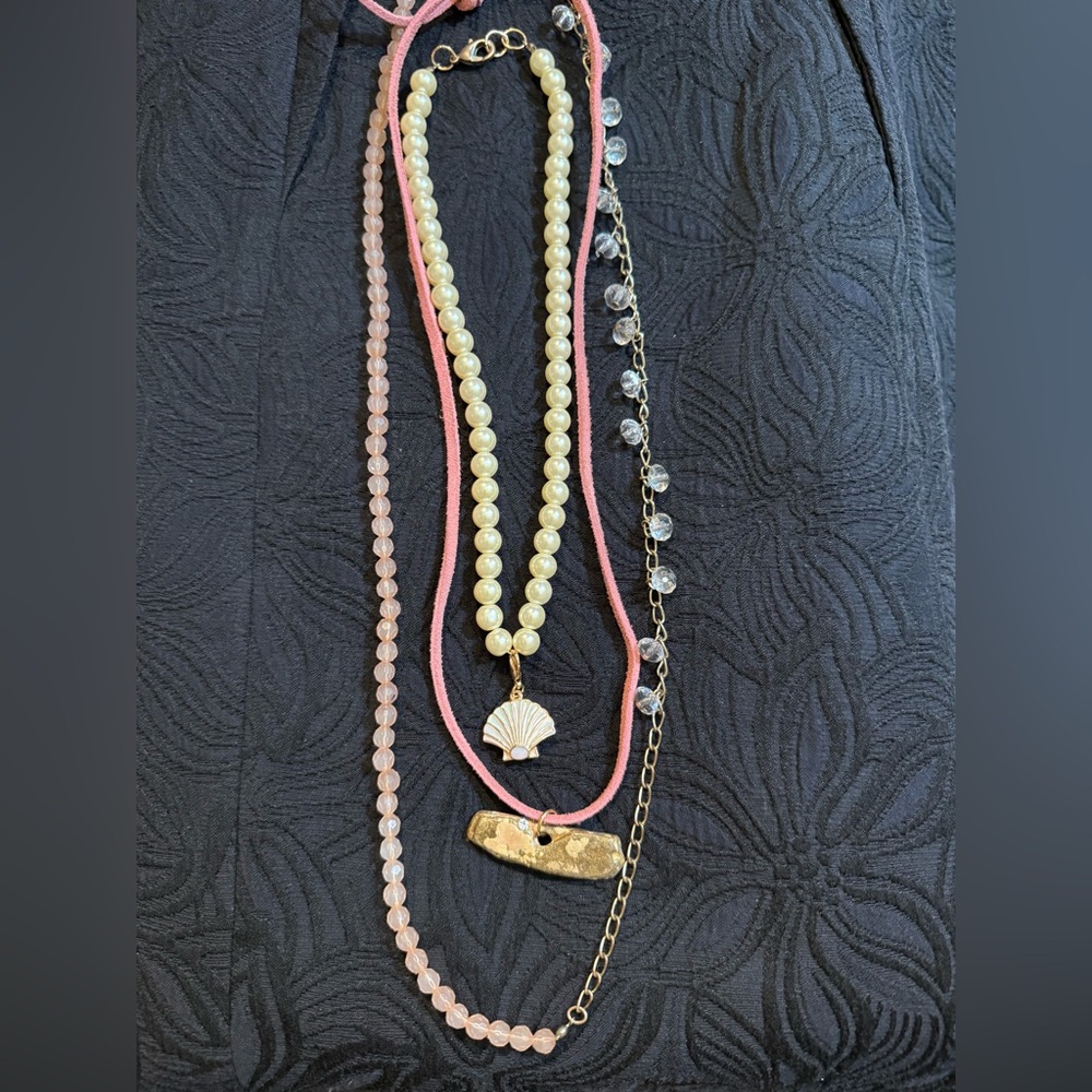 Layering Fashion Necklaces with handmade leather cord faux pearl seashell